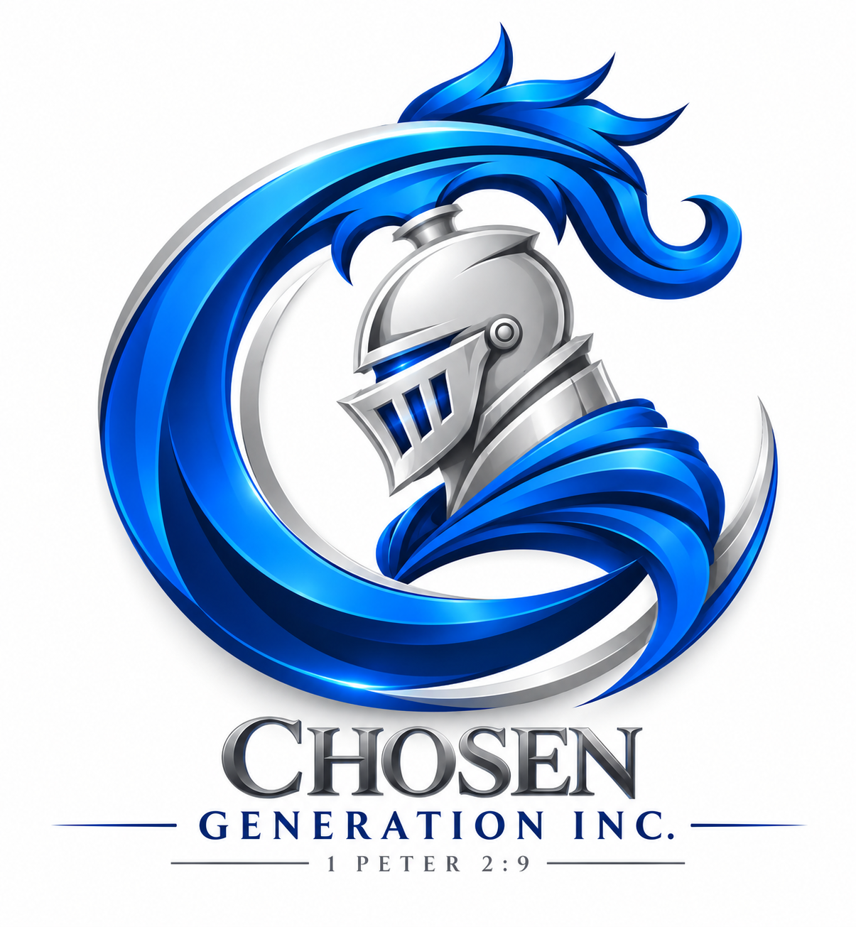 Chosen Generation Inc. knight crest in royal blue and silver with 1 Peter 2:9